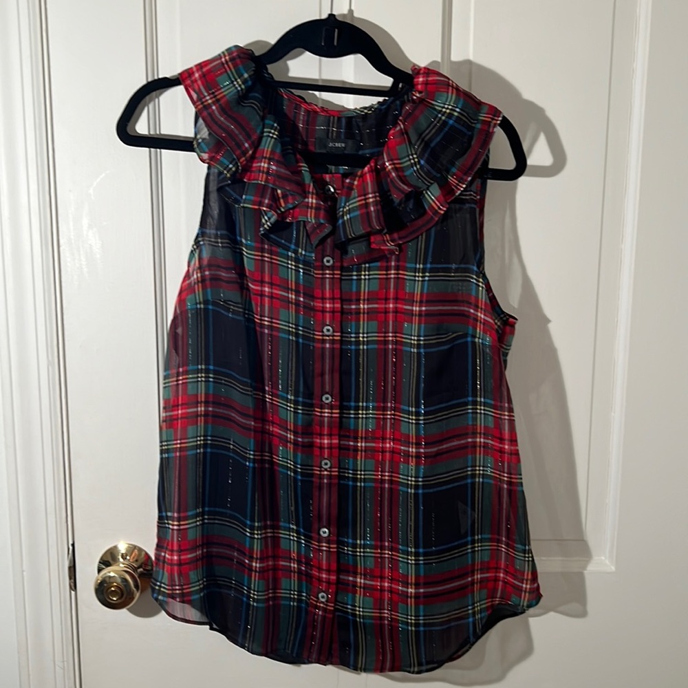 JCrew plaid sleeveless, ruffled neck, double layered red/green/ plaid, medium